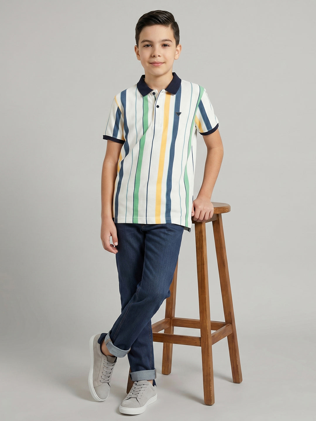 Boys White Stripe Collar Half Sleeve T-Shirt