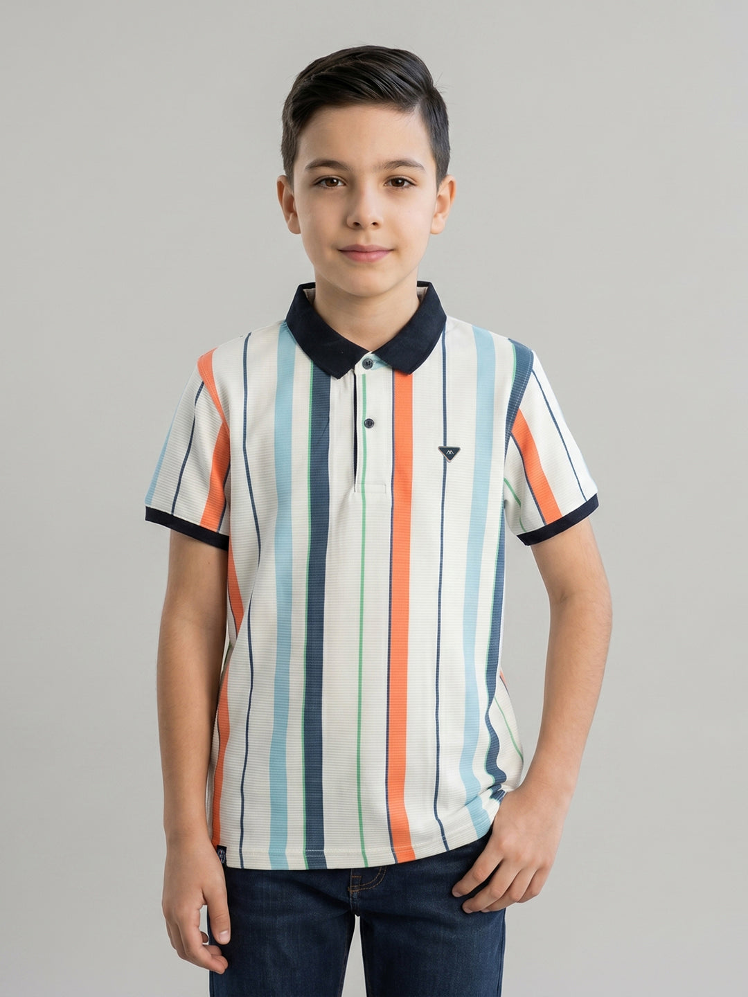 Boys White Stripe Collar Half Sleeve T-Shirt