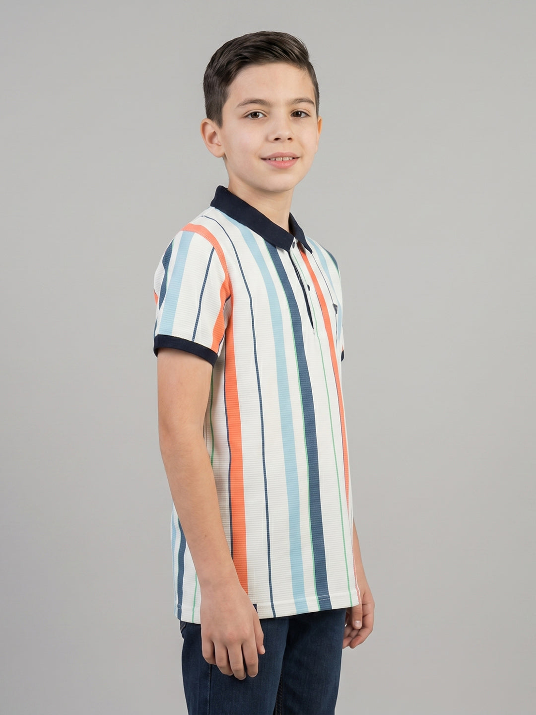 Boys White Stripe Collar Half Sleeve T-Shirt