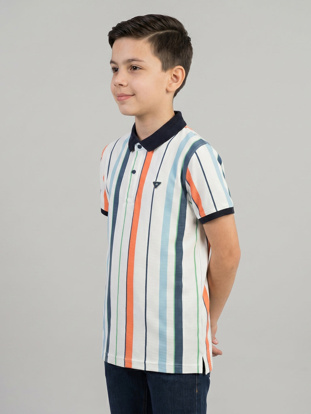 Boys White Stripe Collar Half Sleeve T-Shirt
