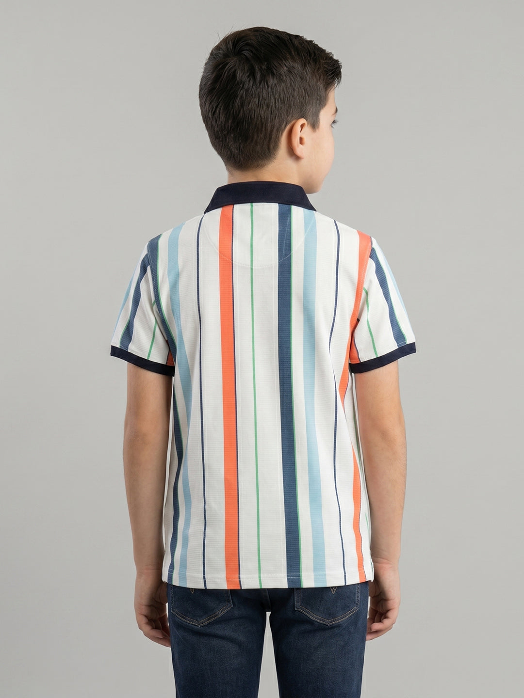 Boys White Stripe Collar Half Sleeve T-Shirt