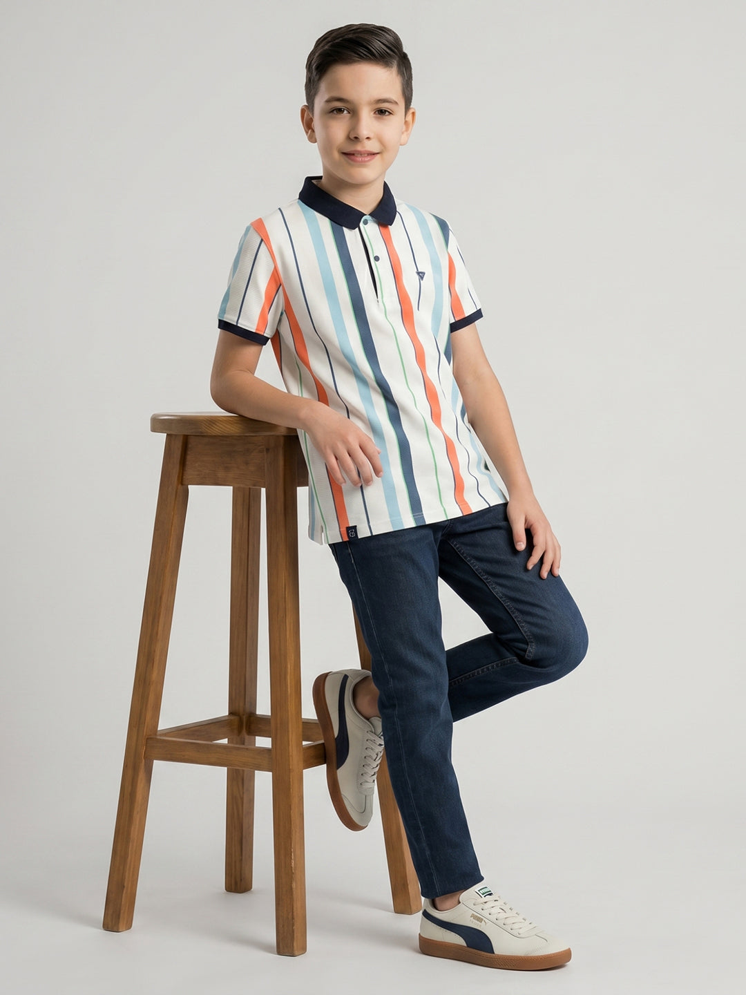 Boys White Stripe Collar Half Sleeve T-Shirt