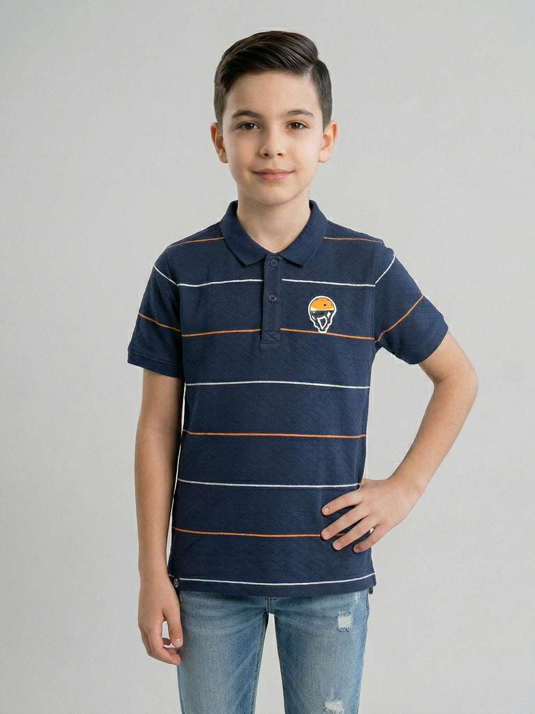 Boys Navy Blue Stripe Collar Half Sleeve T-Shirt