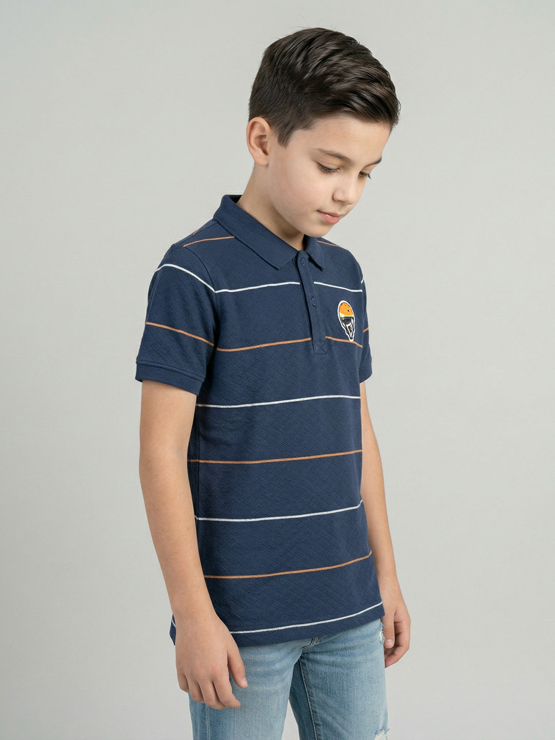 Boys Navy Blue Stripe Collar Half Sleeve T-Shirt