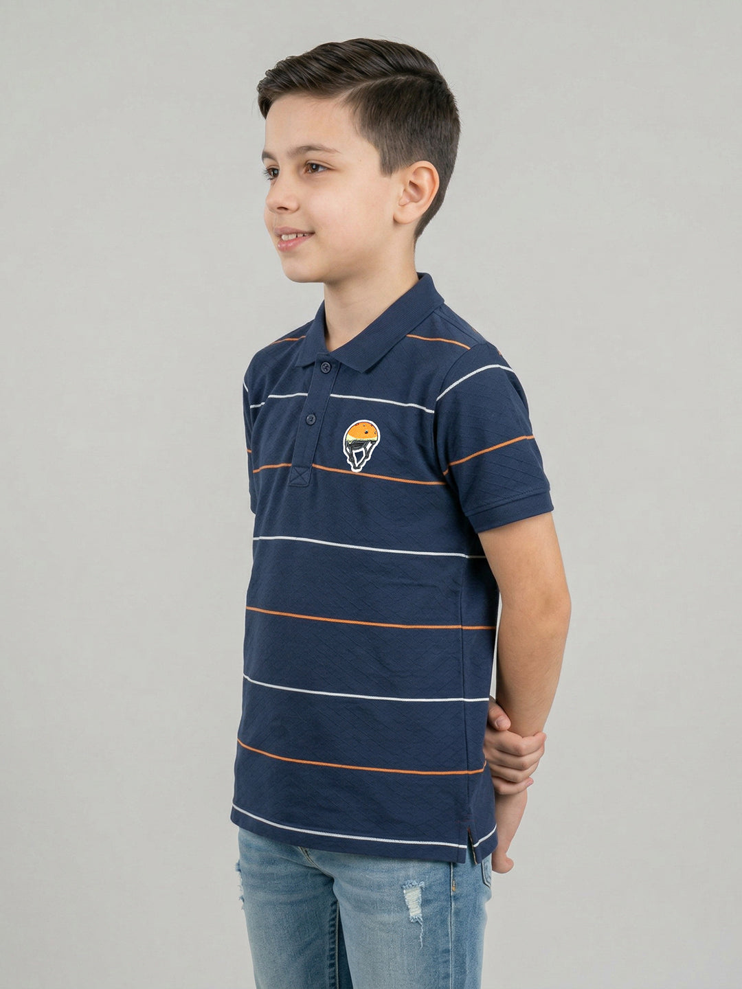 Boys Navy Blue Stripe Collar Half Sleeve T-Shirt