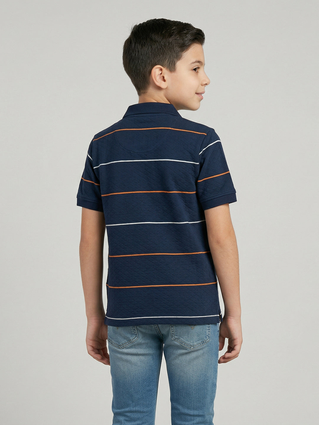 Boys Navy Blue Stripe Collar Half Sleeve T-Shirt
