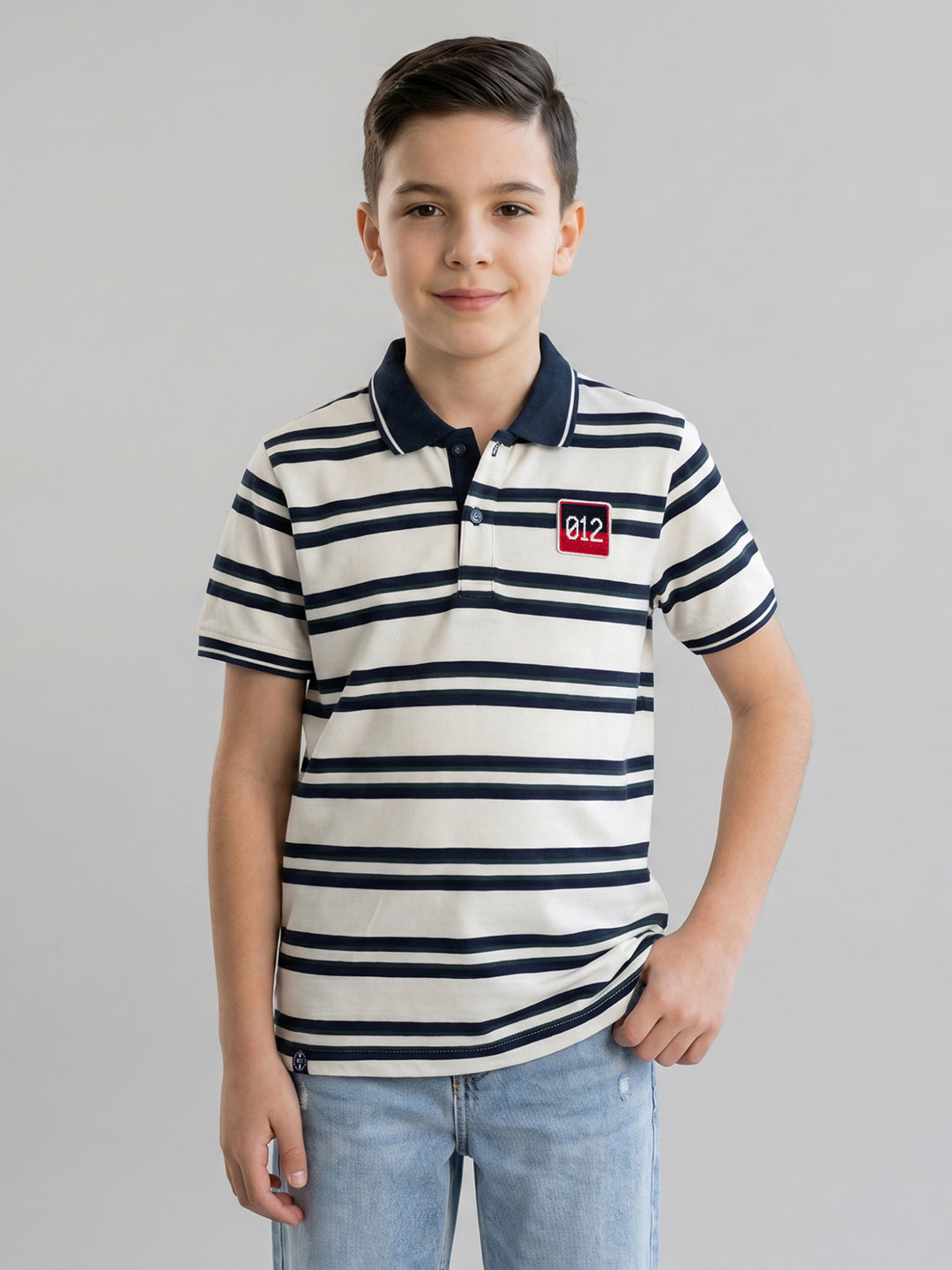 Boys Navy Blue Stripe Collar Half Sleeve T-Shirt