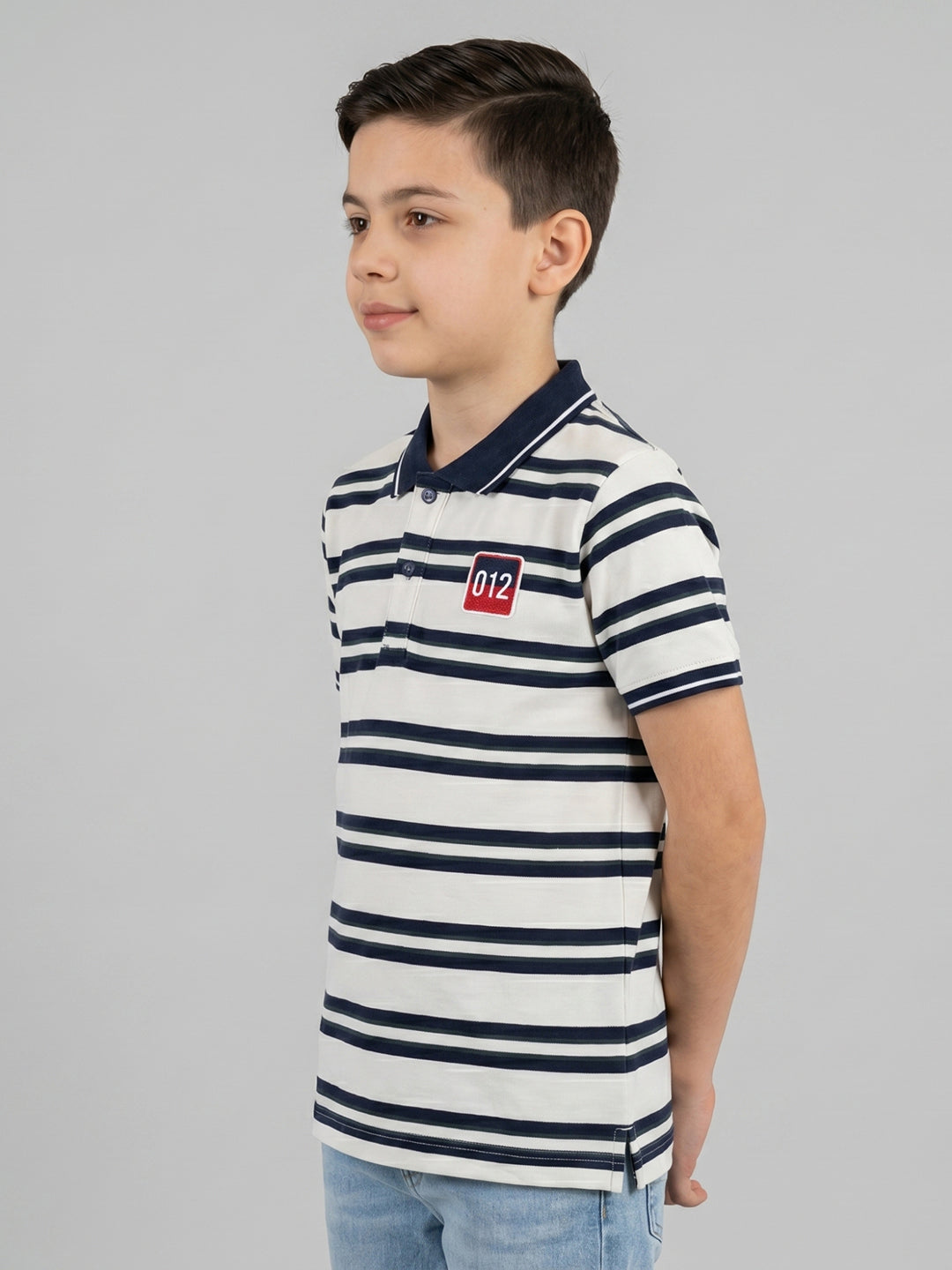 Boys Navy Blue Stripe Collar Half Sleeve T-Shirt