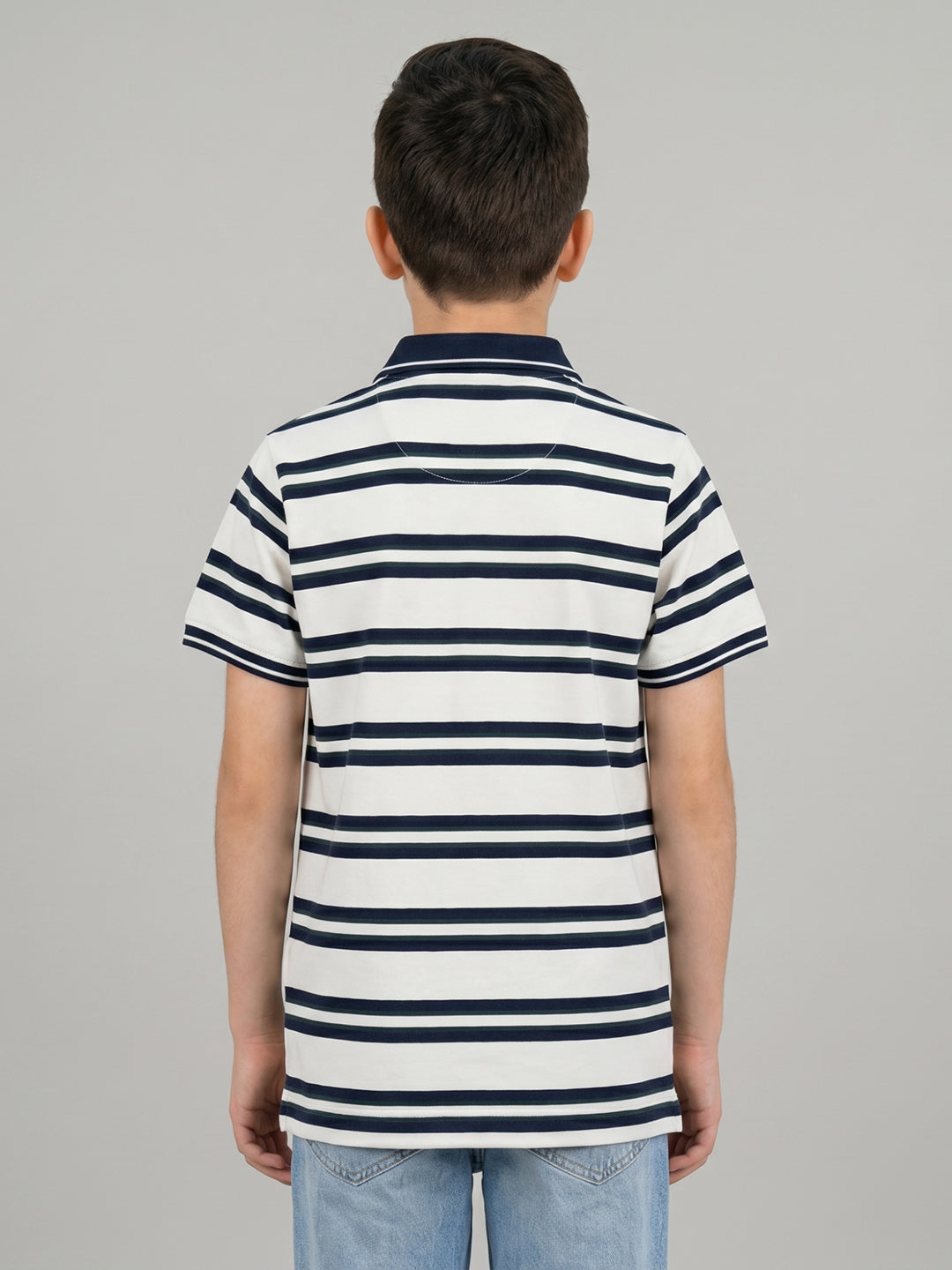 Boys Navy Blue Stripe Collar Half Sleeve T-Shirt