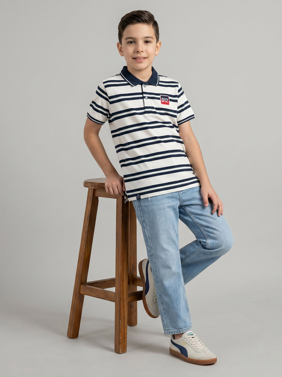 Boys Navy Blue Stripe Collar Half Sleeve T-Shirt