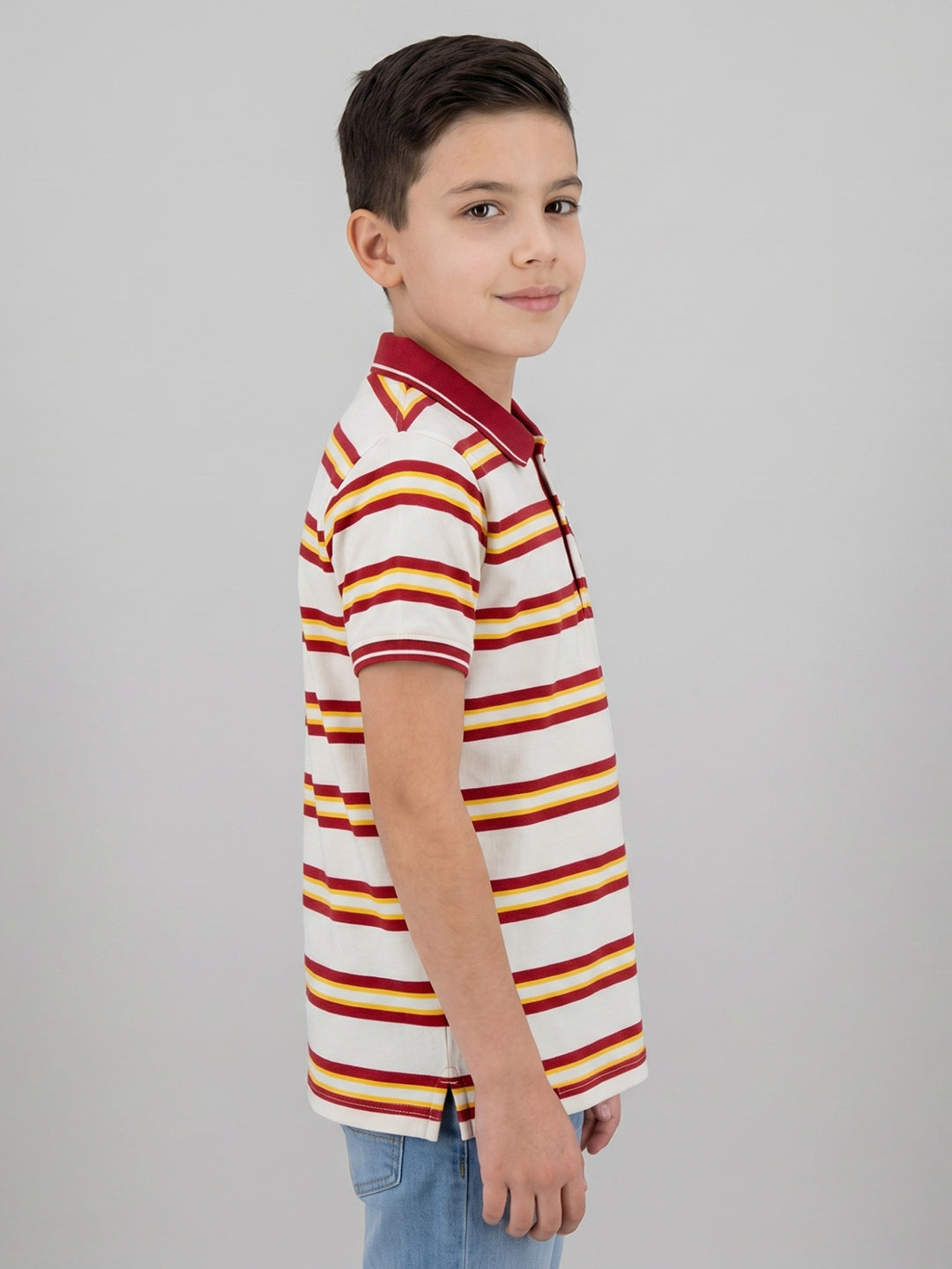 Boys Red Stripe Collar Half Sleeve T-Shirt