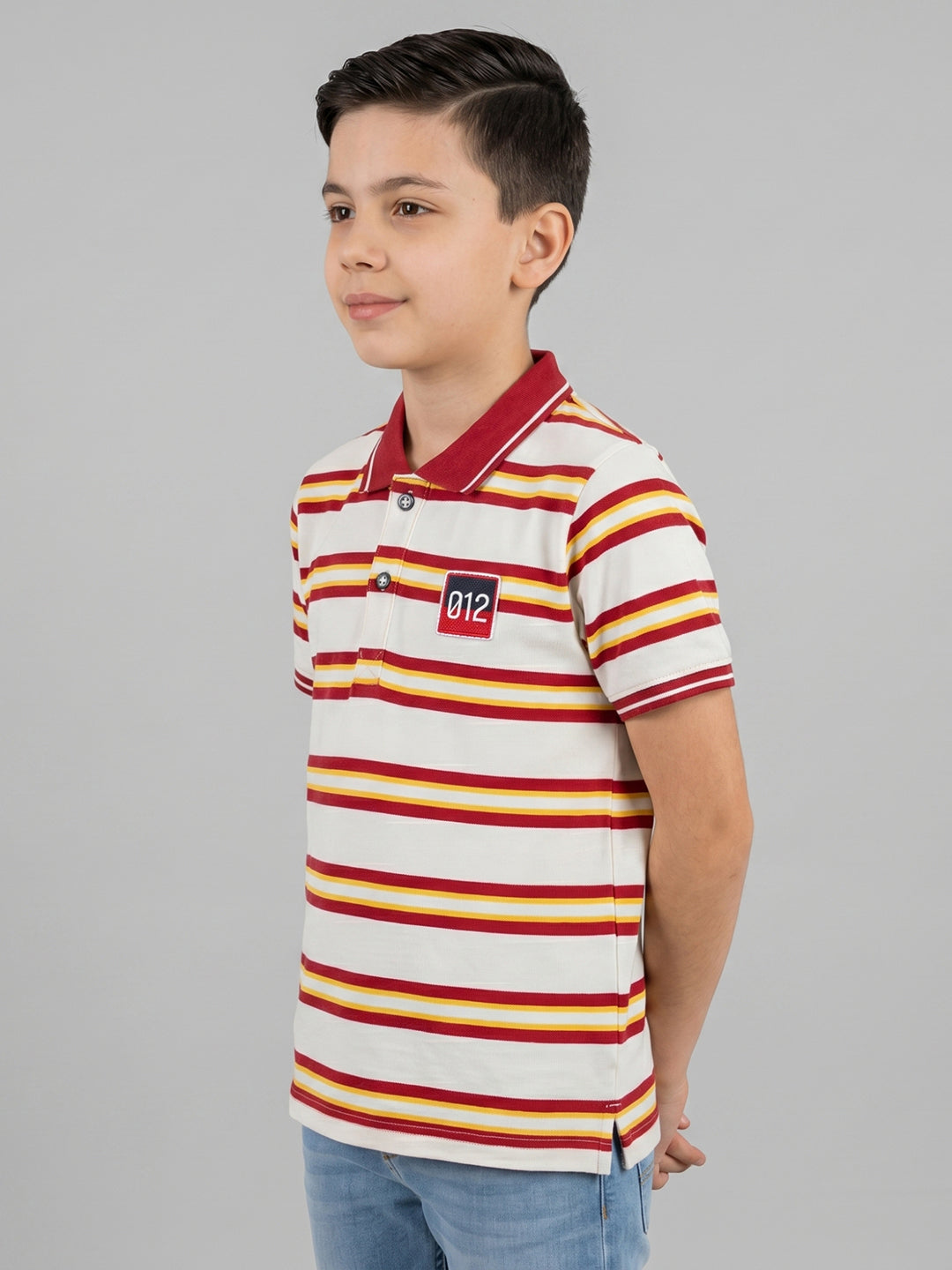 Boys Red Stripe Collar Half Sleeve T-Shirt