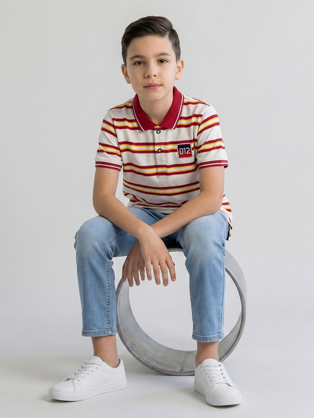 Boys Red Stripe Collar Half Sleeve T-Shirt