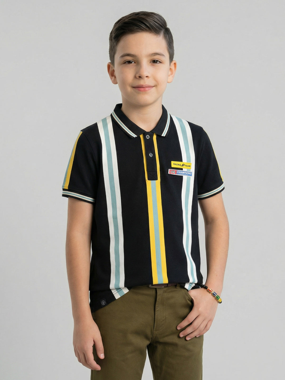 Boys Black Stripe Collar Half Sleeve T-Shirt