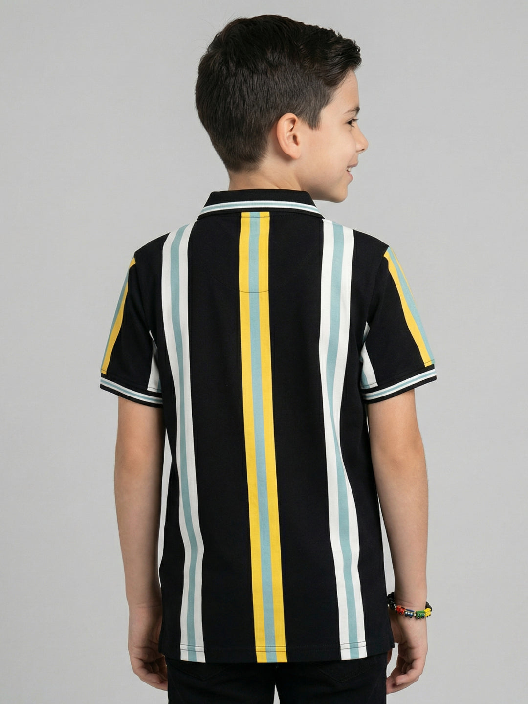 Boys Black Stripe Collar Half Sleeve T-Shirt