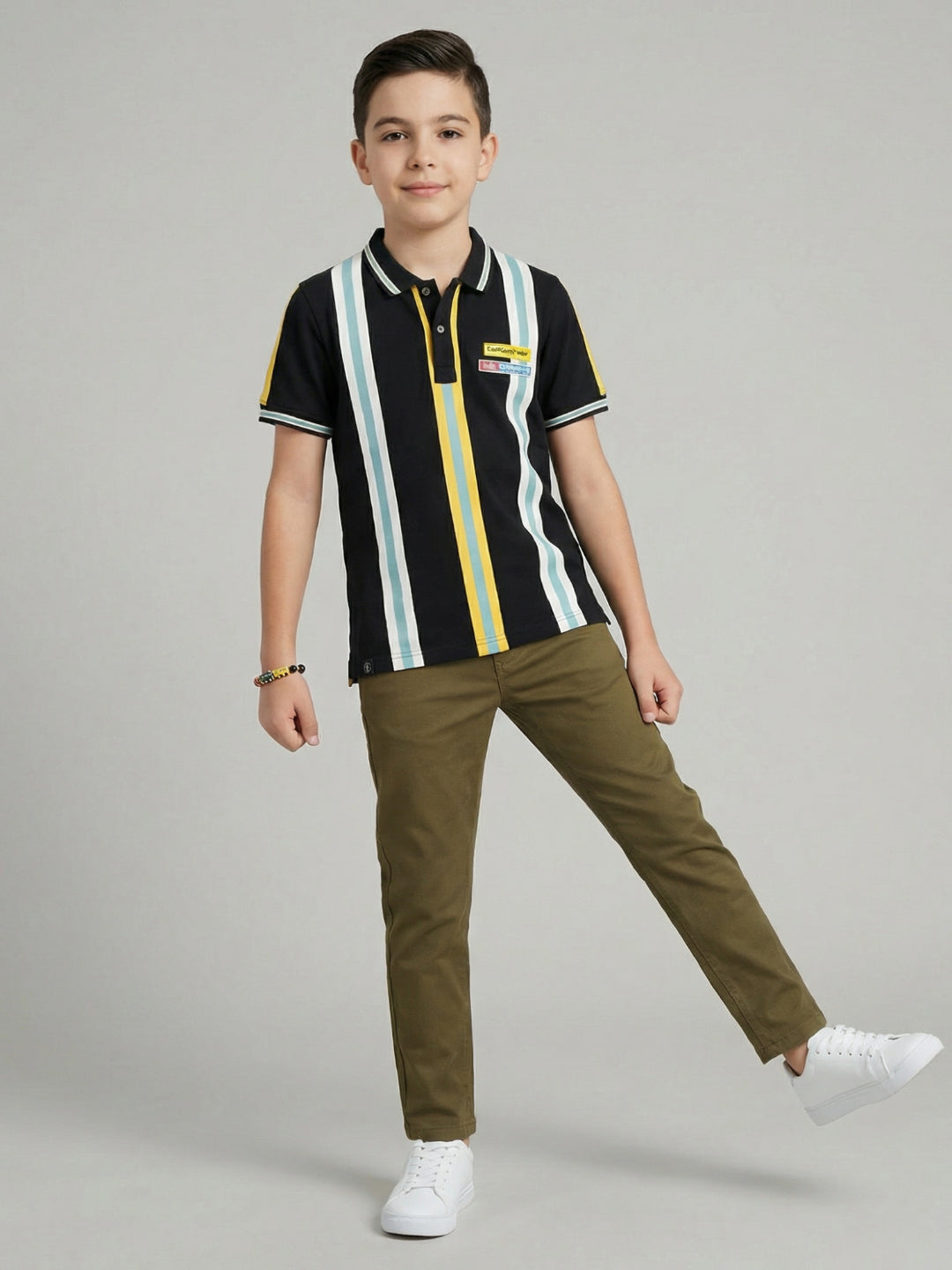 Boys Black Stripe Collar Half Sleeve T-Shirt
