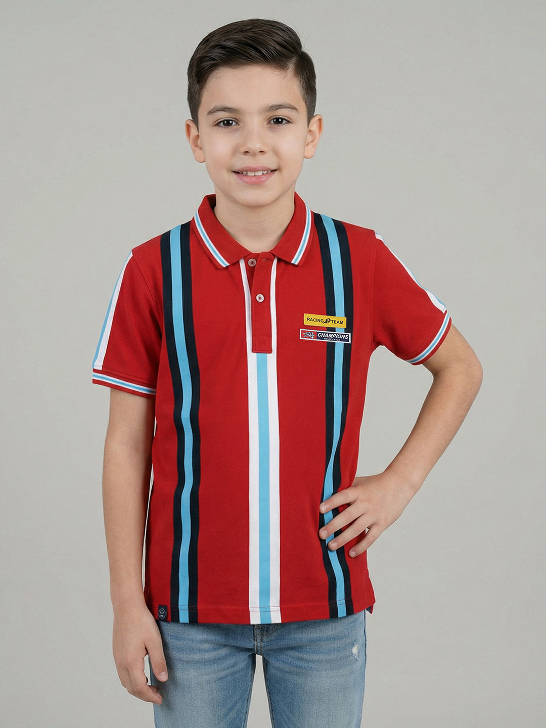 Boys Red Stripe Collar Half Sleeve T-Shirt