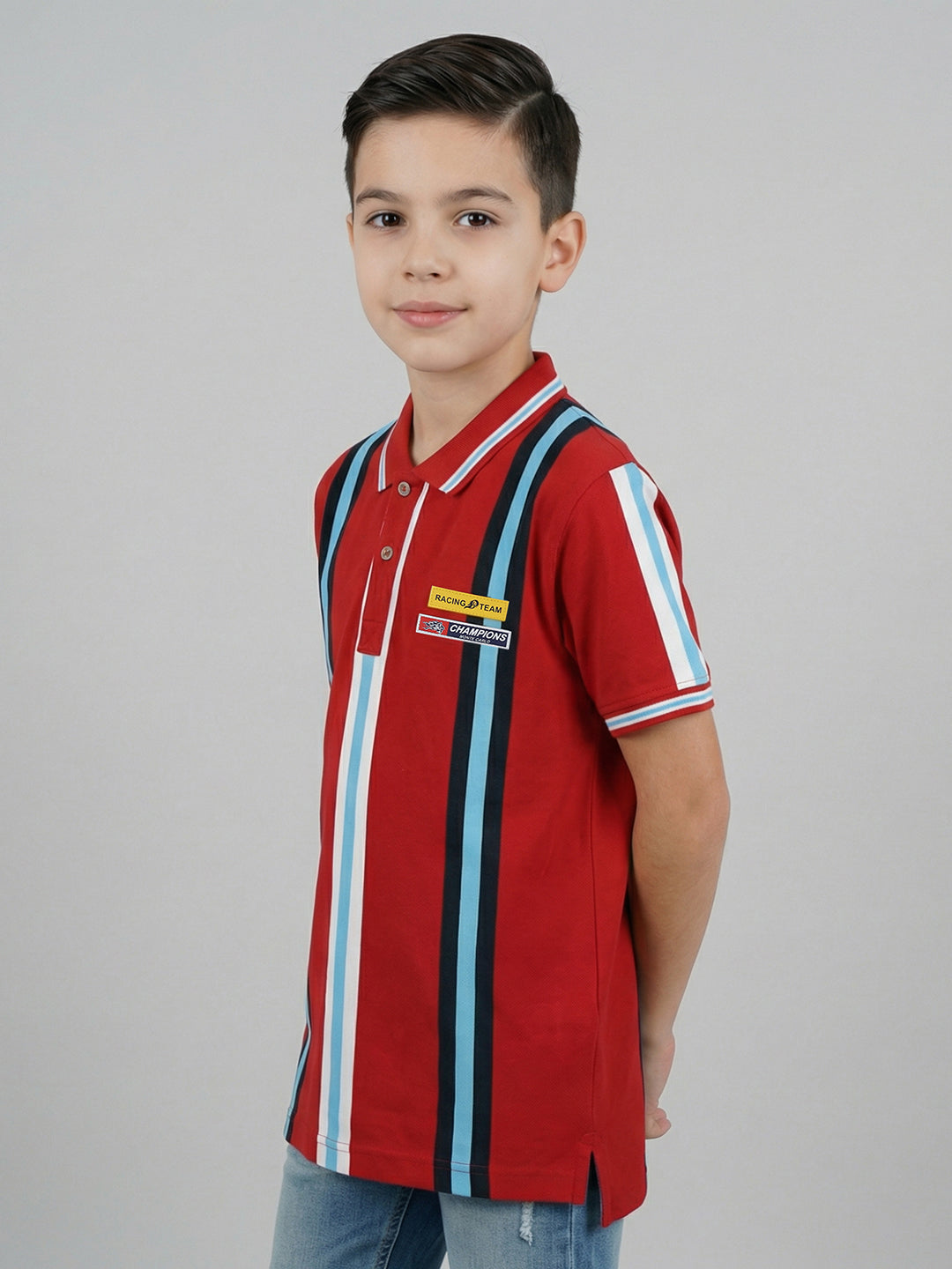 Boys Red Stripe Collar Half Sleeve T-Shirt