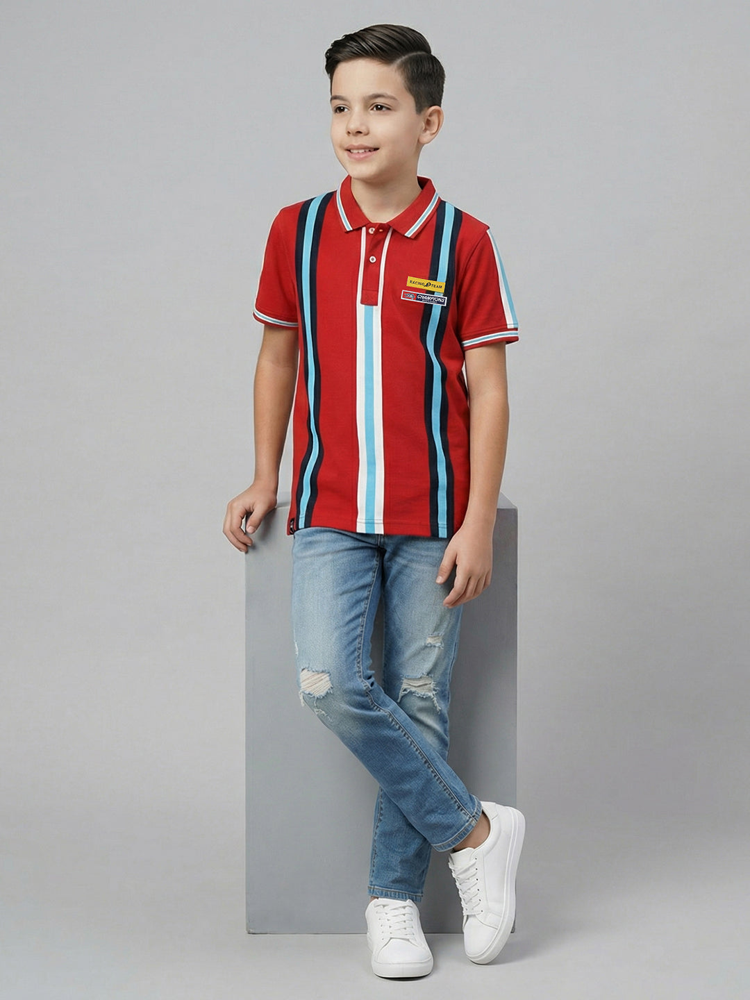 Boys Red Stripe Collar Half Sleeve T-Shirt