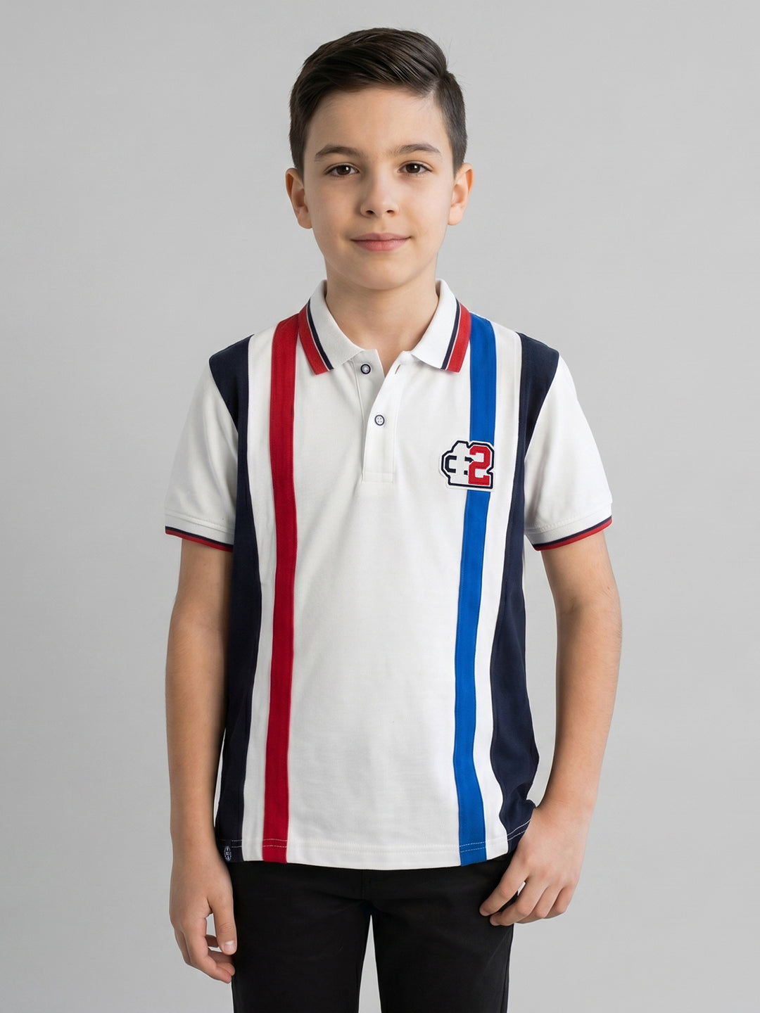 Boys White Printed Collar Half Sleeve T-Shirt