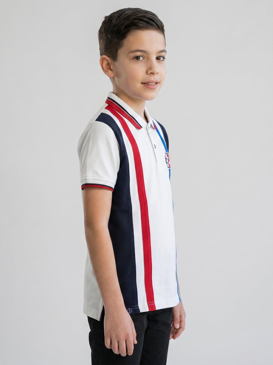 Boys White Printed Collar Half Sleeve T-Shirt