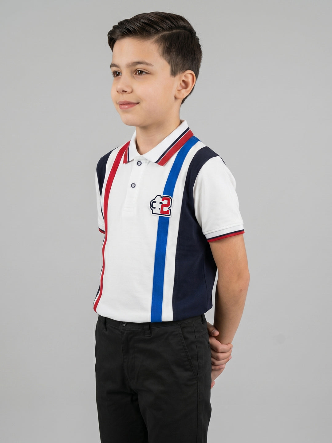 Boys White Printed Collar Half Sleeve T-Shirt