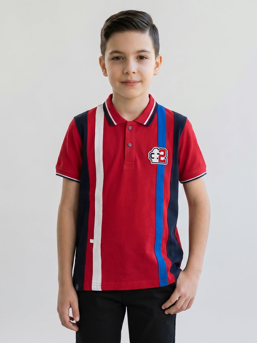 Boys Red Printed Collar Half Sleeve T-Shirt