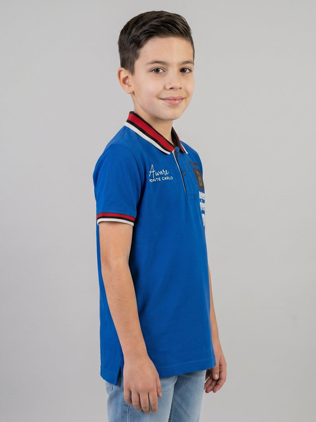 Boys Blue Printed Collar Half Sleeve T-Shirt