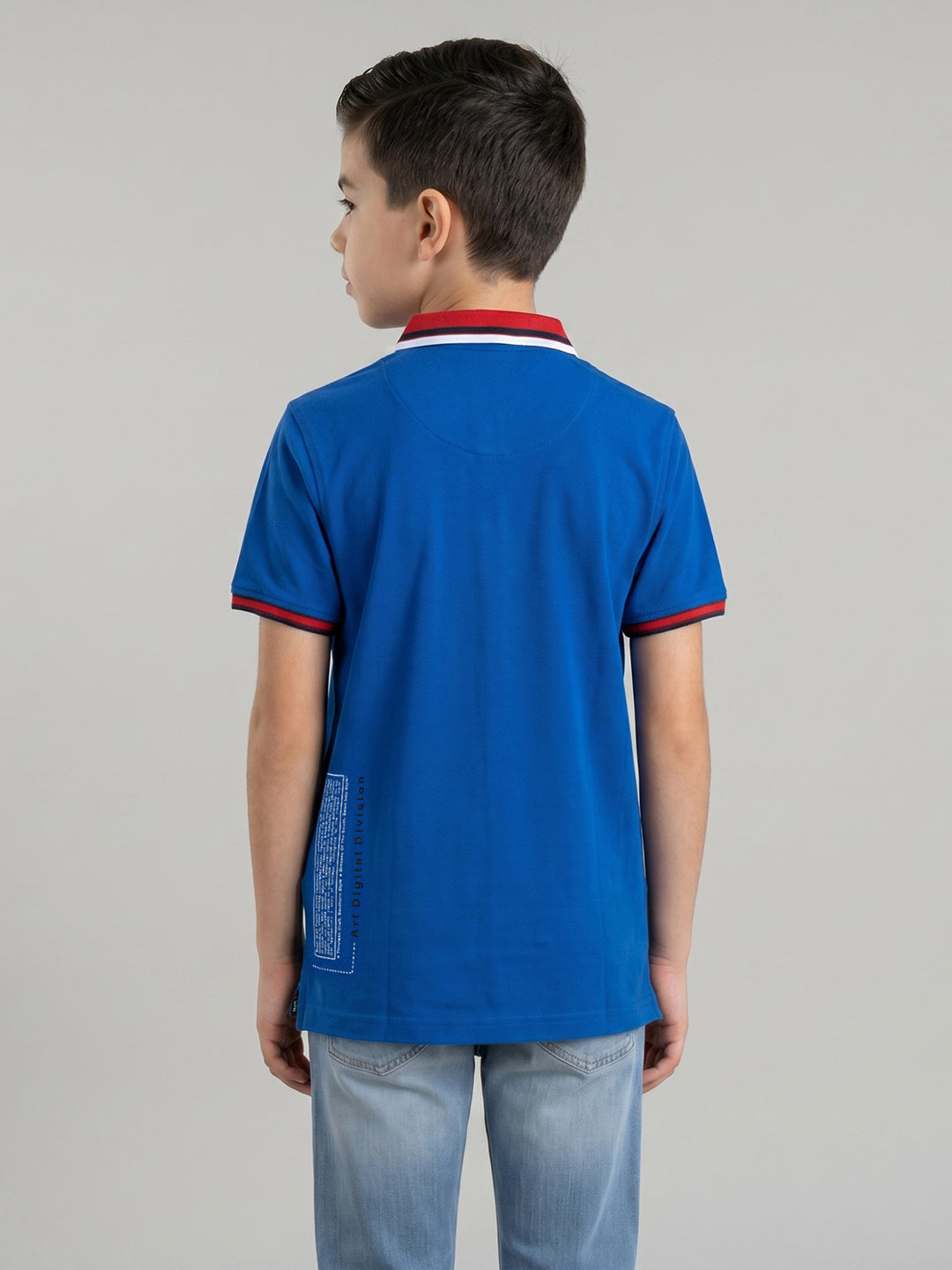 Boys Blue Printed Collar Half Sleeve T-Shirt