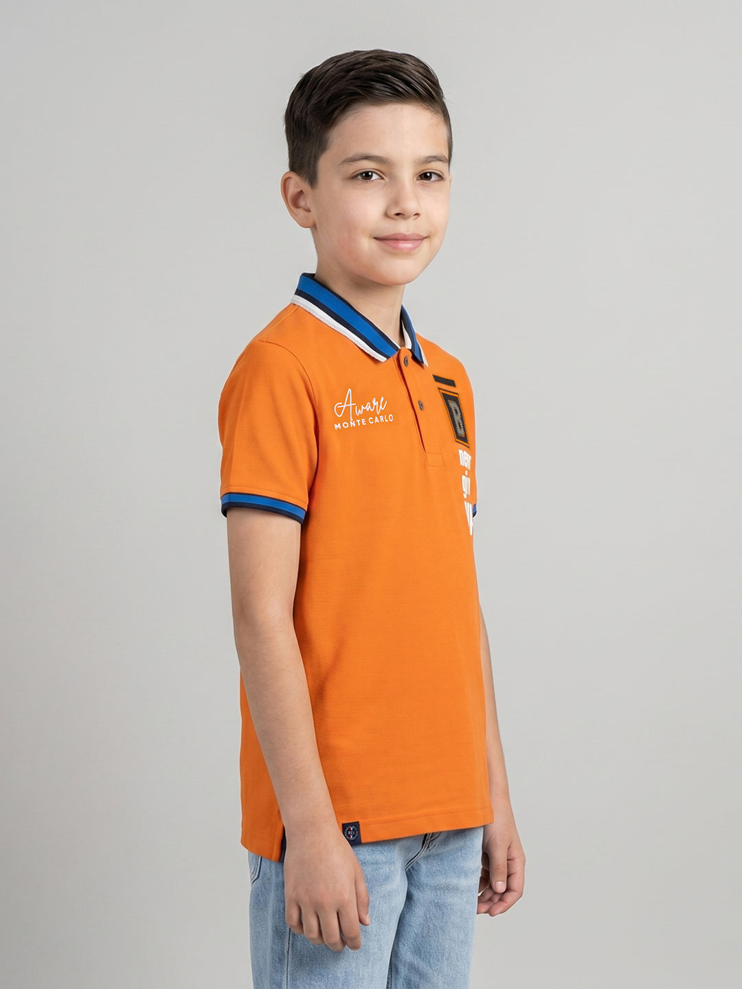 Boys Orange Printed Collar Half Sleeve T-Shirt