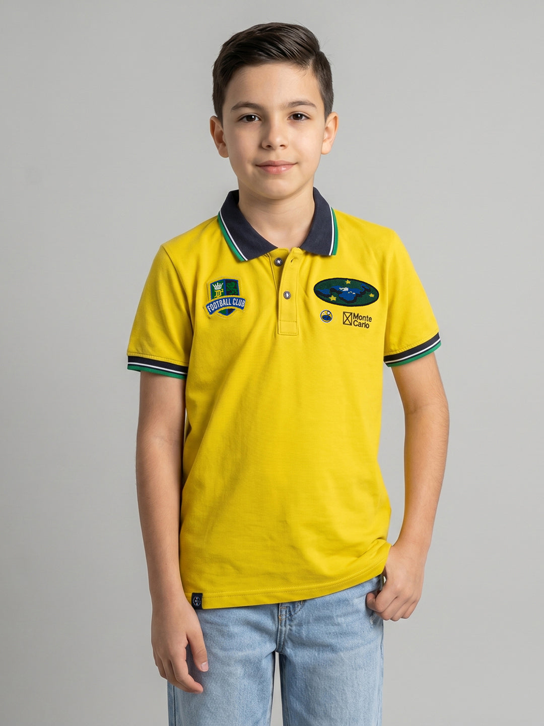 Boys Yellow Printed Collar Half Sleeve T-Shirt