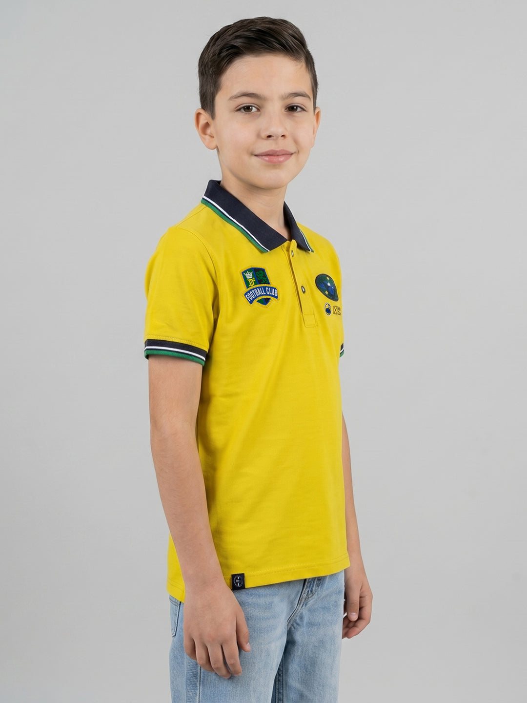 Boys Yellow Printed Collar Half Sleeve T-Shirt