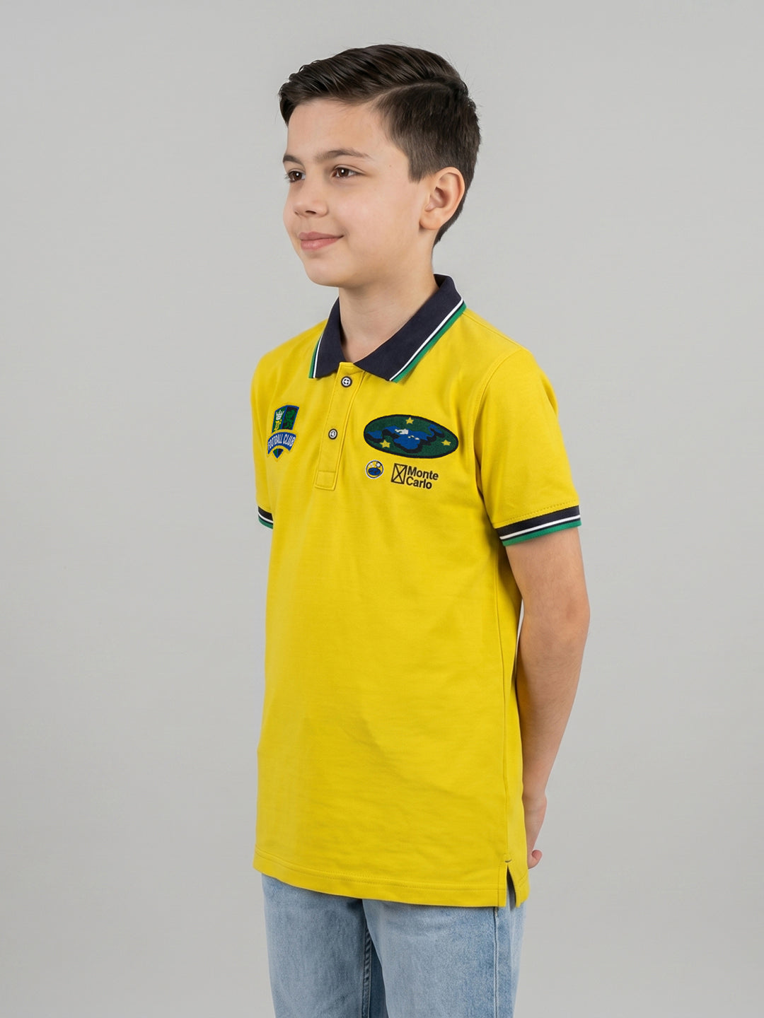 Boys Yellow Printed Collar Half Sleeve T-Shirt
