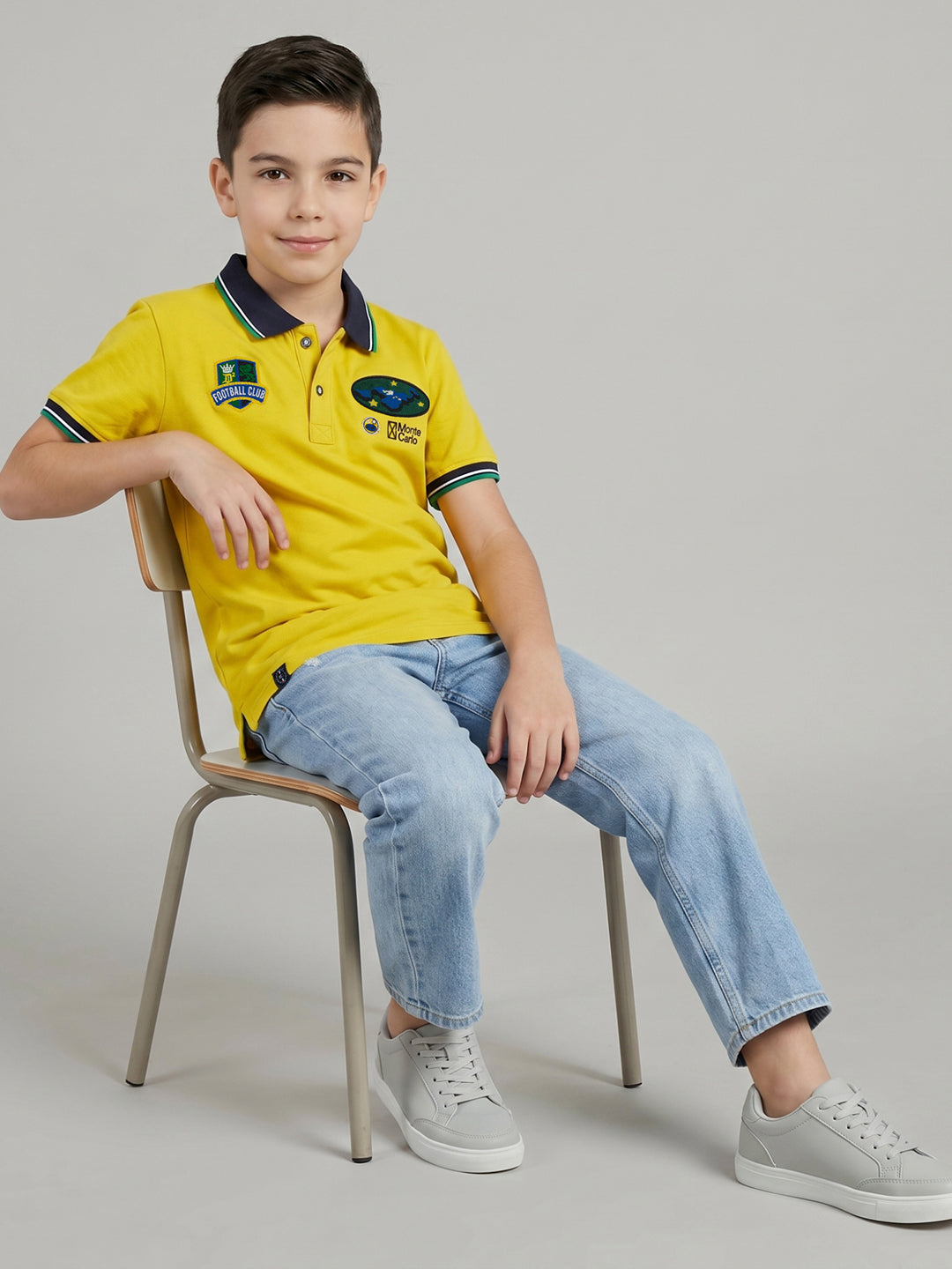 Boys Yellow Printed Collar Half Sleeve T-Shirt
