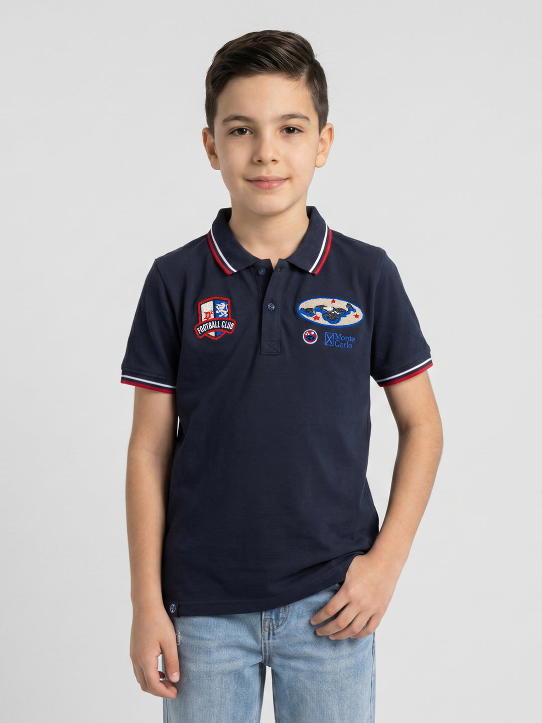 Boys Navy Blue Printed Collar Half Sleeve T-Shirt