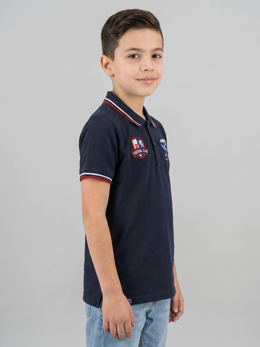 Boys Navy Blue Printed Collar Half Sleeve T-Shirt