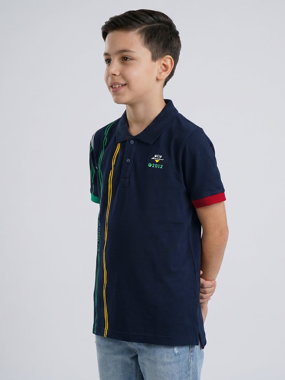 Boys Navy Blue Printed Collar Half Sleeve T-Shirt