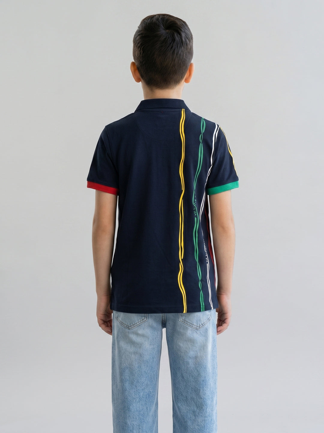 Boys Navy Blue Printed Collar Half Sleeve T-Shirt