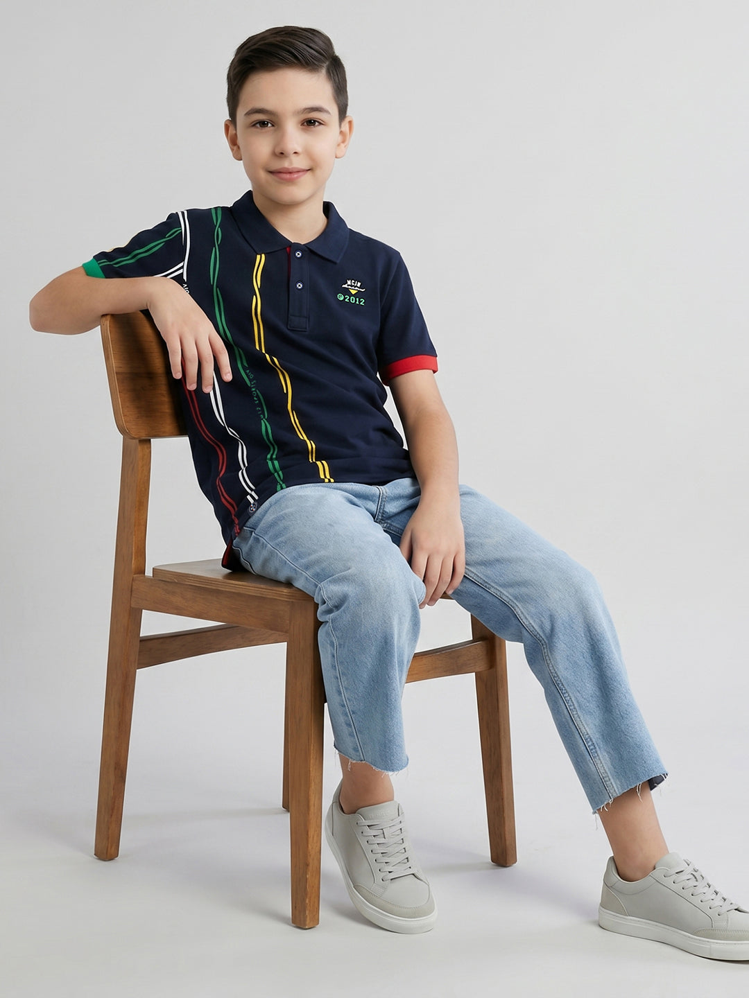 Boys Navy Blue Printed Collar Half Sleeve T-Shirt