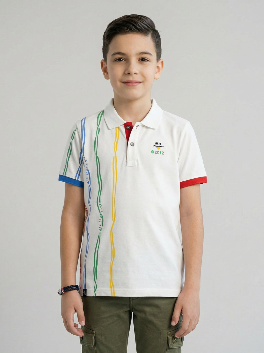 Boys White Printed Collar Half Sleeve T-Shirt
