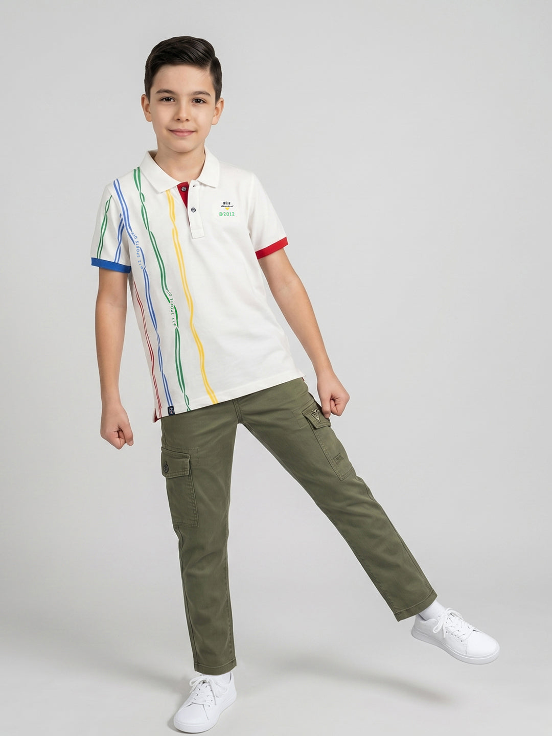 Boys White Printed Collar Half Sleeve T-Shirt