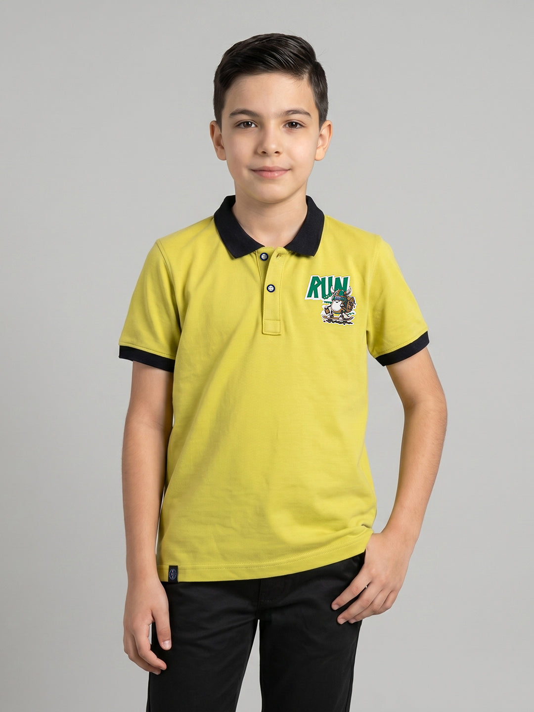 Boys Yellow Printed Collar Half Sleeve T-Shirt