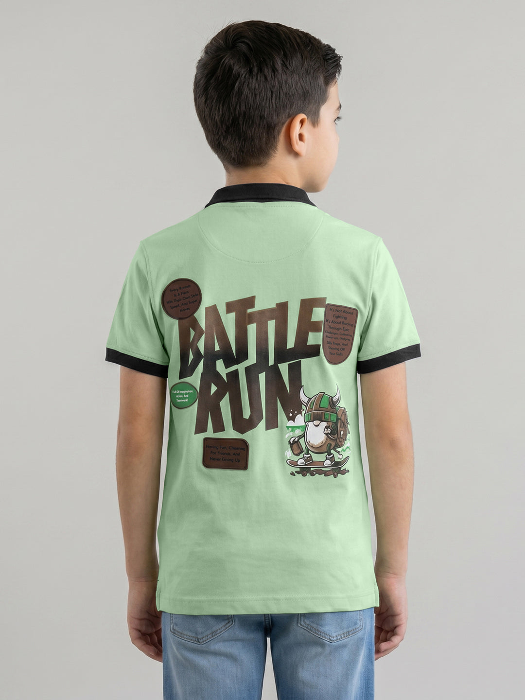 Boys Green Printed Collar Half Sleeve T-Shirt