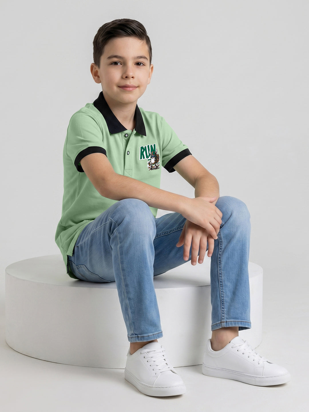 Boys Green Printed Collar Half Sleeve T-Shirt
