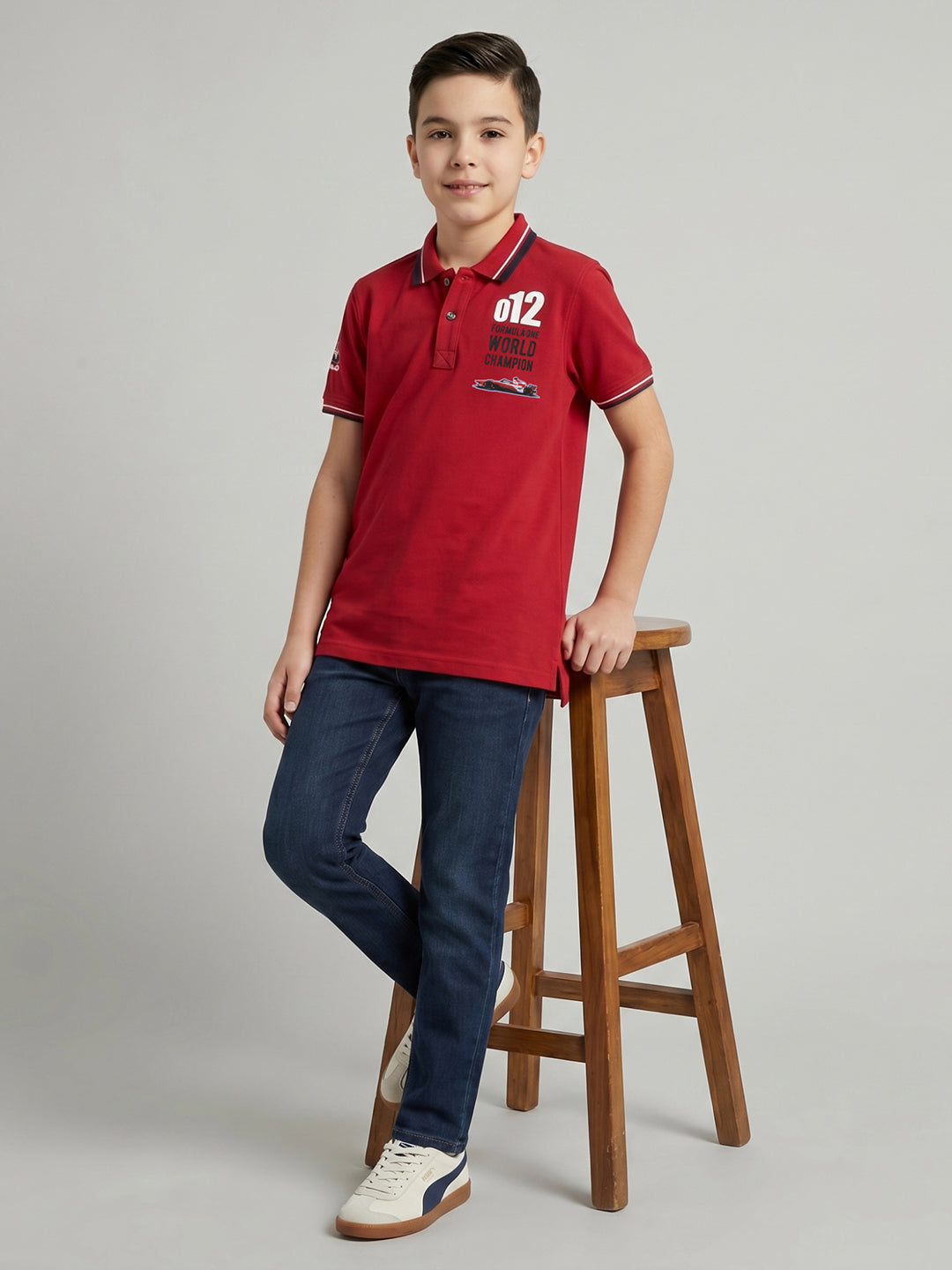 Boys Red Printed Collar Half Sleeve T-Shirt
