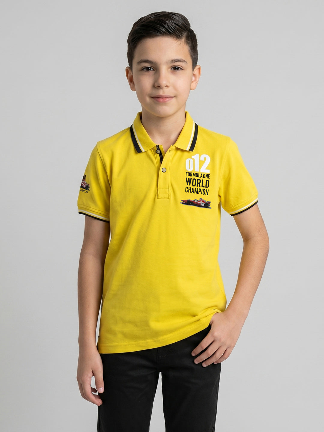 Boys Yellow Printed Collar Half Sleeve T-Shirt