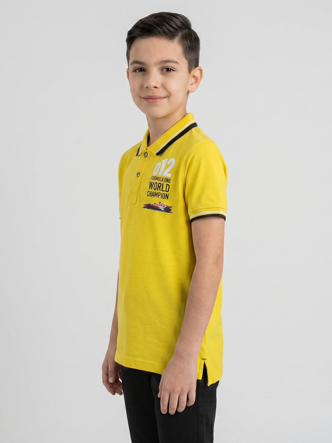 Boys Yellow Printed Collar Half Sleeve T-Shirt