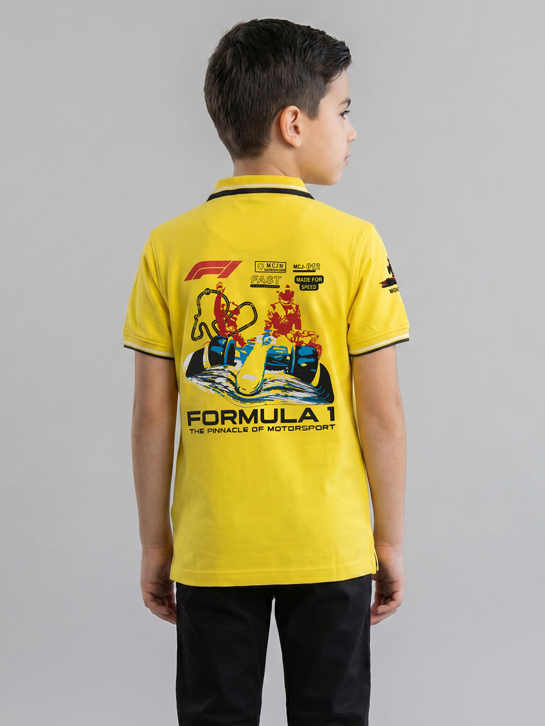 Boys Yellow Printed Collar Half Sleeve T-Shirt