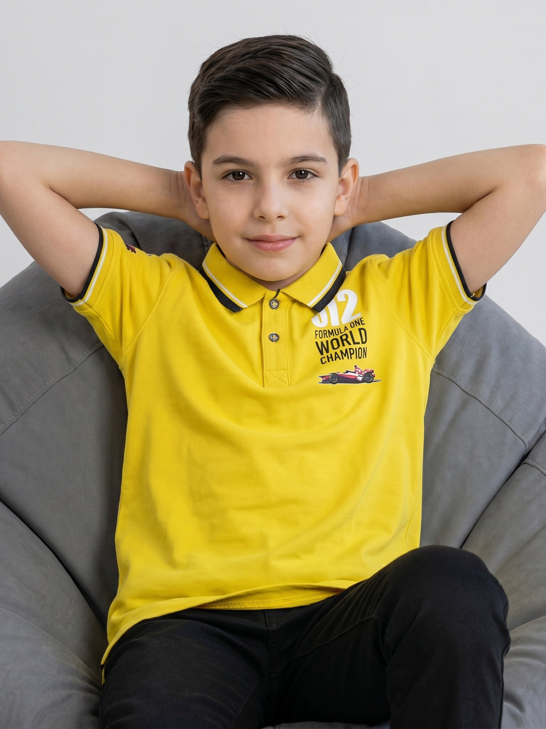 Boys Yellow Printed Collar Half Sleeve T-Shirt