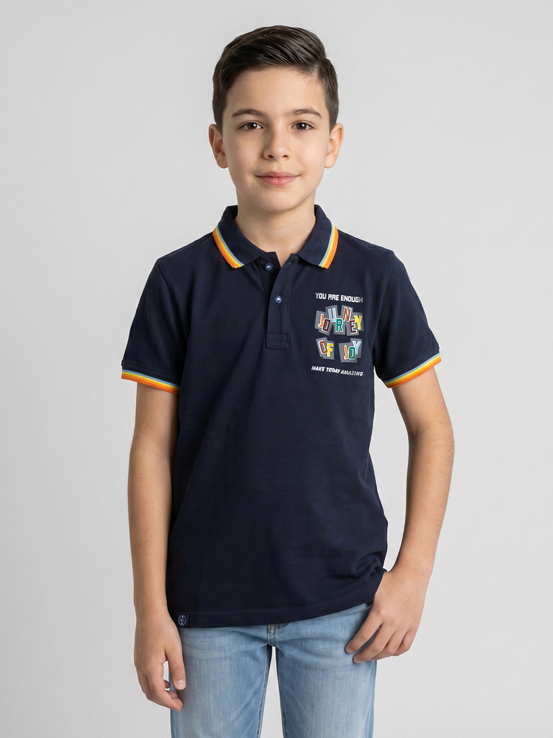 Boys Navy Blue Printed Collar Half Sleeve T-Shirt